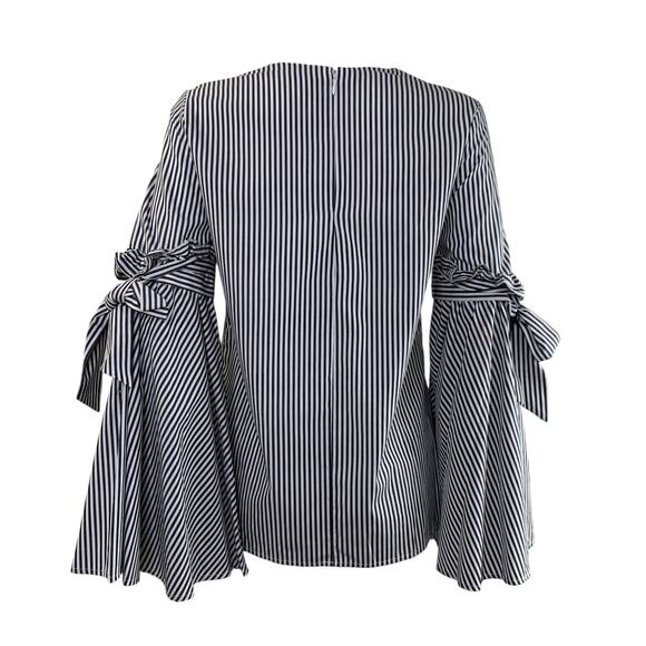 Neiman Marcus Bow Bell Sleeve Blouse Size S Black White Striped Statement Cotton - Picture 3 of 9